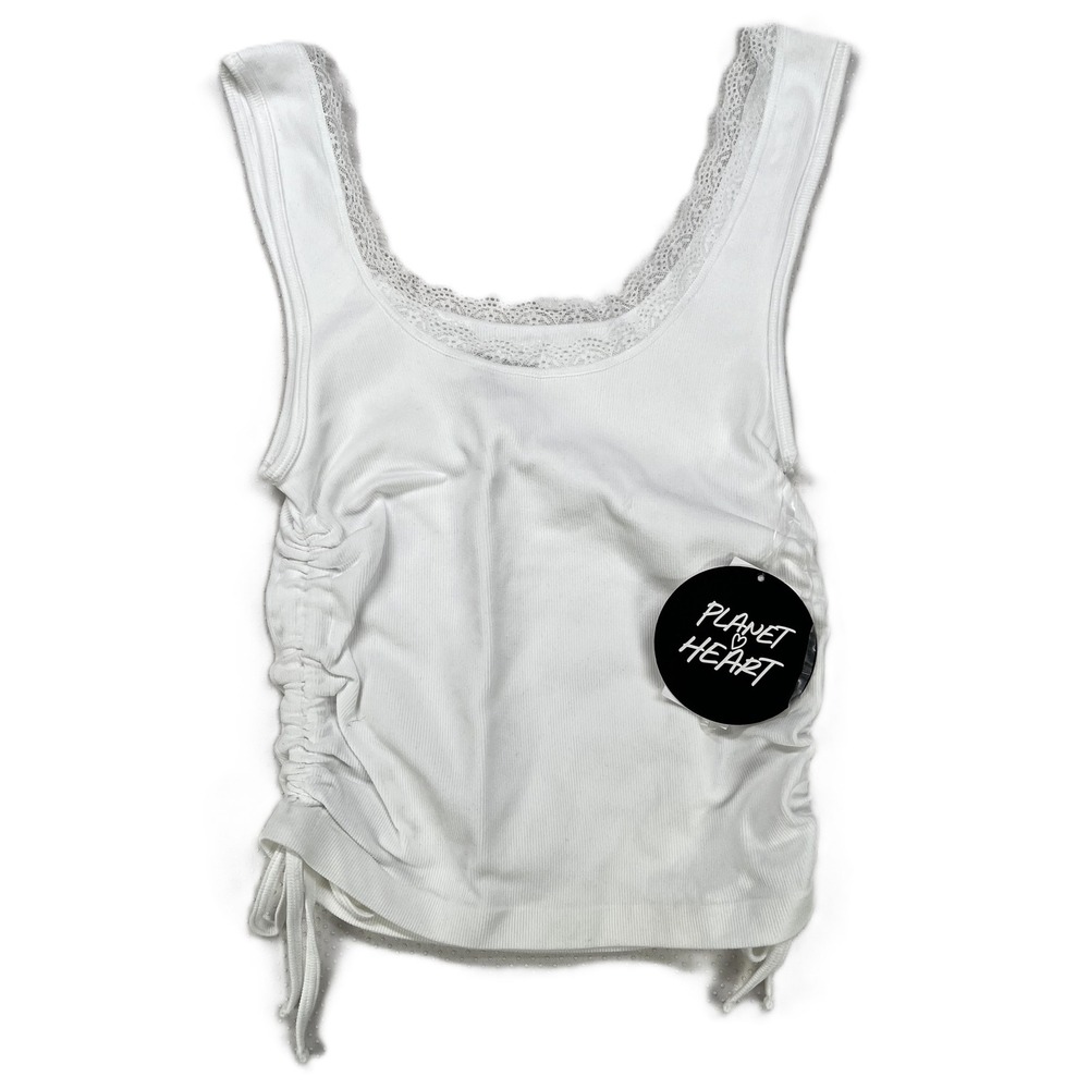 Planet Heart Juniors' Lace Scoop Neck Side Ruched Crop Tank Boho White Sz M NWT